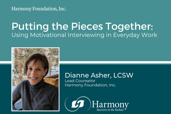 Blue and white text with image of woman smiling outside of Harmony Recovery, our Colorado residential treatment center