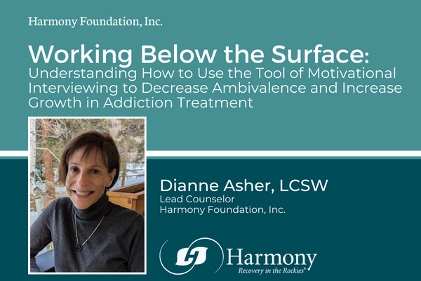 Blue and white text with image of woman smiling outside of Harmony Recovery, our Colorado residential treatment center