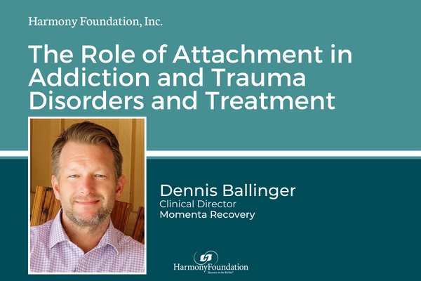 Blue and white text with image of man smiling outside of Harmony Recovery, our rehab facilities in Colorado